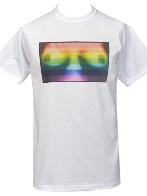 White t-shirt with rainbow-striped graphic inspired by Seditionaries Rainbow Boobs design, uncensored version sent to buyer.