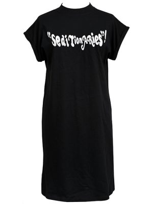 Black women’s t-shirt dress with white Seditionaries style slogan print across the chest and short rolled sleeves.