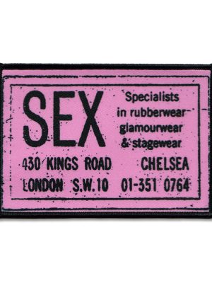 Pink and black rectangular punk sew-on patch featuring large SEX lettering, 430 King’s Road Chelsea address and vintage shop advert styling.