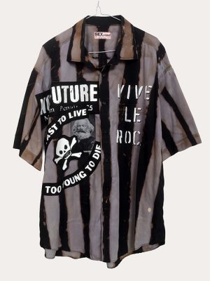 Men’s short sleeve Seditionaries reproduction shirt with striped fabric and punk graphic panels