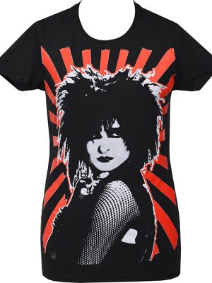 Black women’s t-shirt featuring Siouxsie Sioux with spiked hair, fishnets, and a red rayburst background in a bold gothic style.