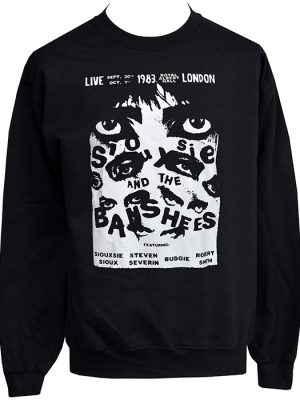 Black Siouxsie and the Banshees sweatshirt featuring 1983 Royal Albert Hall concert print with gothic eyes and band lineup in black and white.