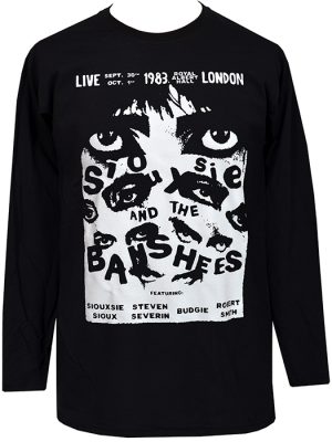 Men’s black Siouxsie and the Banshees long sleeve T-shirt featuring 1983 Royal Albert Hall concert print in bold gothic black and white design.