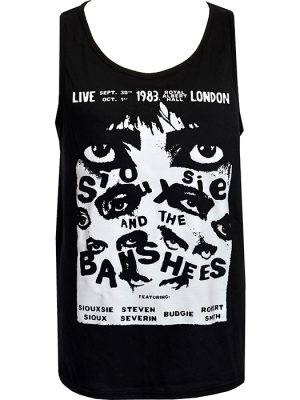 Men’s black Siouxsie and the Banshees tank top featuring 1983 Royal Albert Hall concert design in bold black and white gothic print.