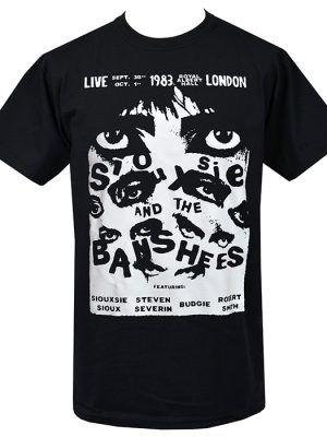 Black Siouxsie and the Banshees men’s T-shirt featuring 1983 Royal Albert Hall concert design with gothic eyes and band member names.