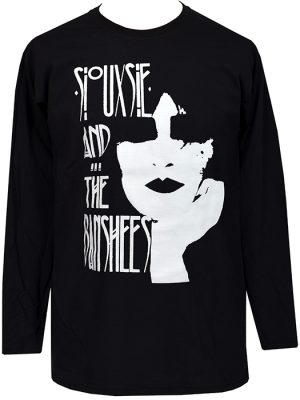 Black men’s gothic punk long sleeve t-shirt featuring a white Siouxsie and the Banshees post-punk graphic print.