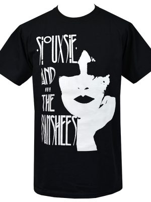 Black men’s gothic punk t-shirt featuring a white Siouxsie and the Banshees post-punk graphic print.