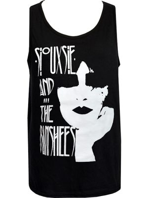 Black men’s gothic punk tank top featuring a white Siouxsie and the Banshees post-punk graphic print.