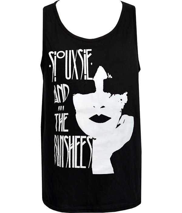 Black men’s gothic punk tank top featuring a white Siouxsie and the Banshees post-punk graphic print.