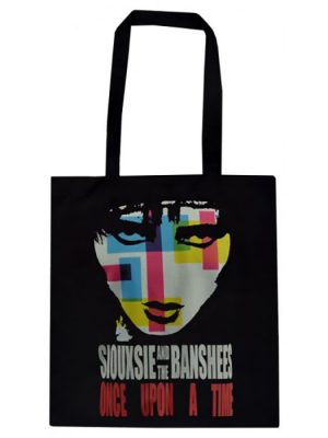 Black tote bag featuring colourful block-style artwork of Siouxsie Sioux’s face with the text “Siouxsie and the Banshees – Once Upon a Time.”