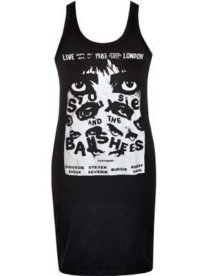 Women’s black Siouxsie and the Banshees dress featuring 1983 Royal Albert Hall concert design in gothic black and white print.