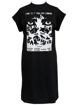 Women’s black Siouxsie and the Banshees T-shirt dress featuring 1983 Royal Albert Hall concert artwork in gothic black and white style.
