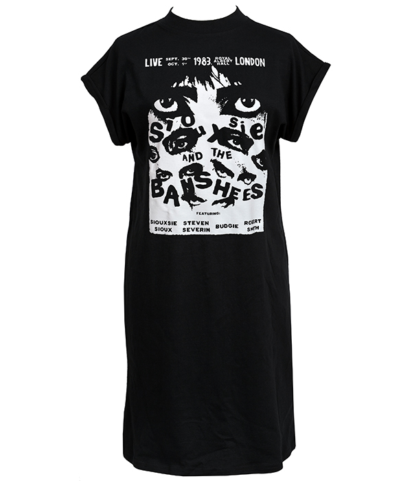 Women’s black Siouxsie and the Banshees T-shirt dress featuring 1983 Royal Albert Hall concert artwork in gothic black and white style.