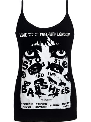 Women’s black Siouxsie and the Banshees strappy top featuring 1983 Royal Albert Hall concert print in gothic black and white style.