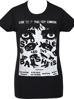 Women’s black Siouxsie and the Banshees T-shirt featuring 1983 Royal Albert Hall concert design in gothic black and white style.
