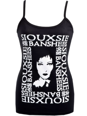 Black women’s strappy top with white print of Siouxsie Sioux’s face surrounded by repeated “Siouxsie and the Banshees” text.