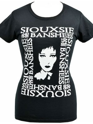 Black women’s t-shirt with white graphic of Siouxsie Sioux and repeating “Siouxsie and the Banshees” text arranged around the portrait.
