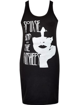 Black women’s gothic punk dress with white Siouxsie and the Banshees post-punk graphic on the front.