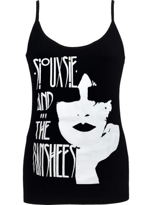 Black women’s gothic punk strappy top featuring a white Siouxsie and the Banshees post-punk graphic print.