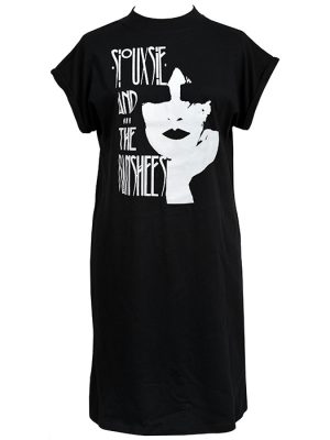 Black women’s gothic punk t-shirt dress featuring a white Siouxsie and the Banshees post-punk graphic print.