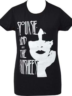 Black women’s gothic punk t-shirt featuring a white Siouxsie and the Banshees post-punk graphic print.