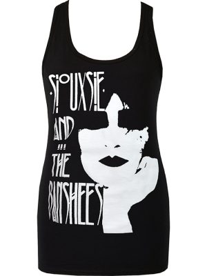 Black women’s gothic punk tank top featuring a white Siouxsie and the Banshees post-punk graphic print.