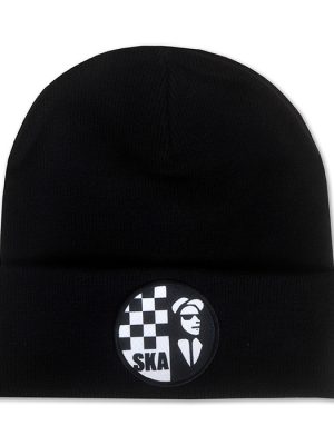 Black cuffed beanie hat featuring circular black and white checkerboard ska logo patch on the front.