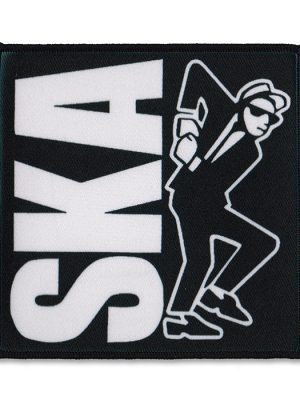 Black and white square ska sew-on patch featuring rude boy silhouette and bold SKA lettering.