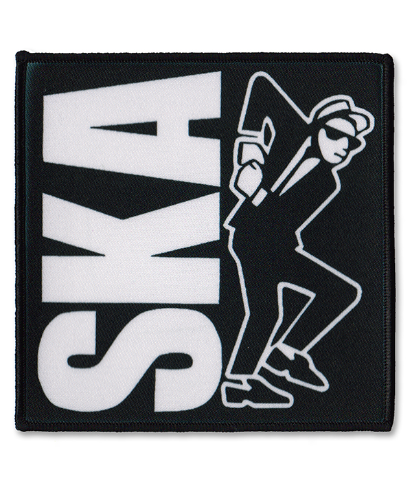 Black and white square ska sew-on patch featuring rude boy silhouette and bold SKA lettering.