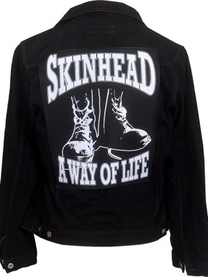 Large black and white sew-on back patch showing skinhead boots with “Skinhead – A Way of Life” text on a jacket back.