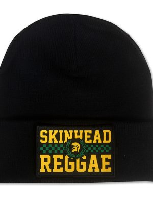 Black cuffed beanie hat featuring Skinhead Reggae yellow and green logo patch on the front.