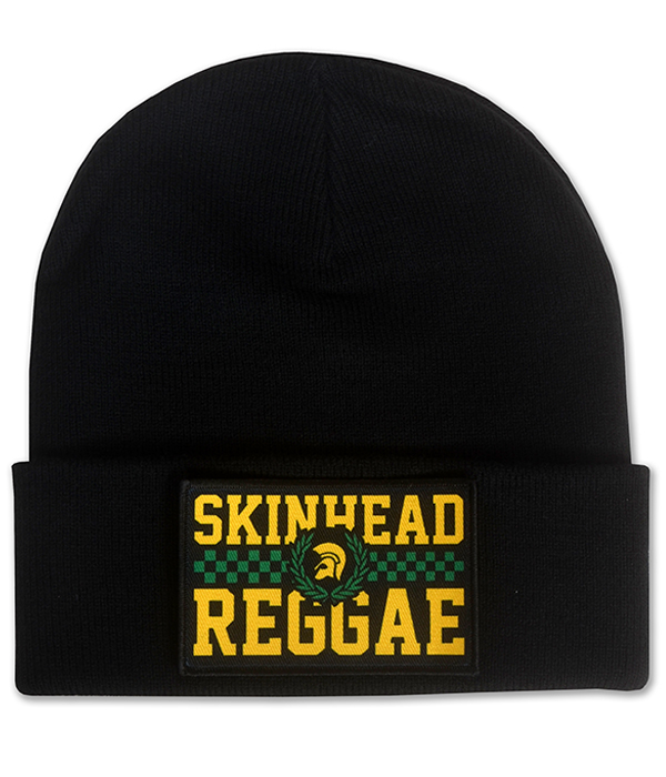 Black cuffed beanie hat featuring Skinhead Reggae yellow and green logo patch on the front.