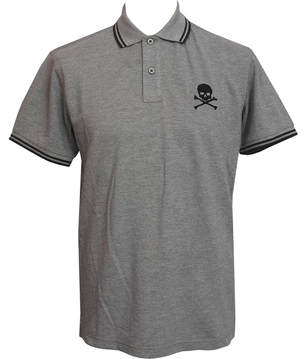 Grey polo shirt with black embroidered skull and crossbones design on chest, featuring black stripe collar and sleeve trim.