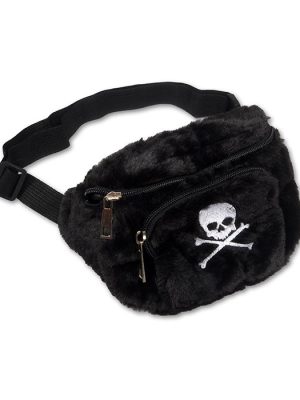 Black furry bum bag with white embroidered skull and crossbones, black zip compartments and adjustable waist strap.