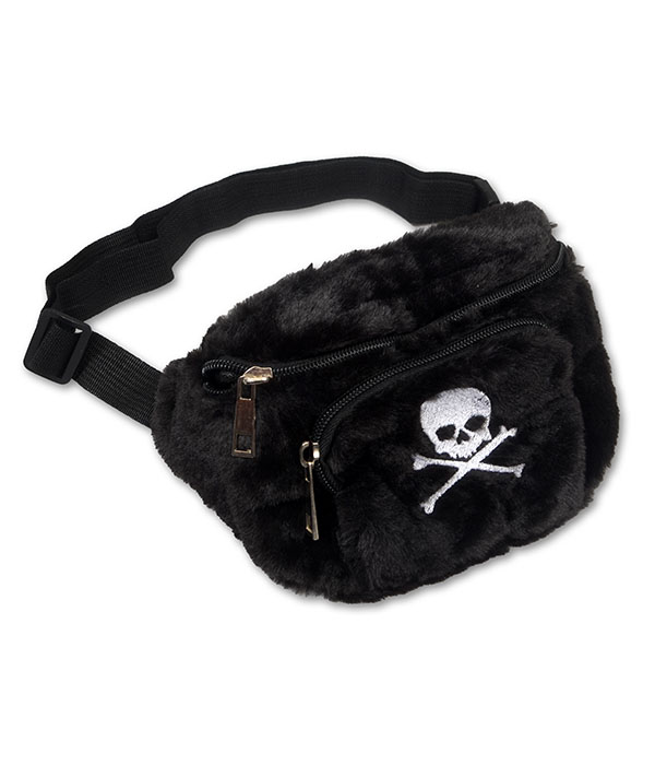 Black furry bum bag with white embroidered skull and crossbones, black zip compartments and adjustable waist strap.