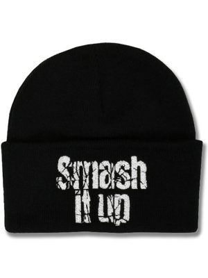 Black knitted punk rock beanie hat with wide turn-up cuff featuring distressed white Smash It Up lettering embroidered across the front.