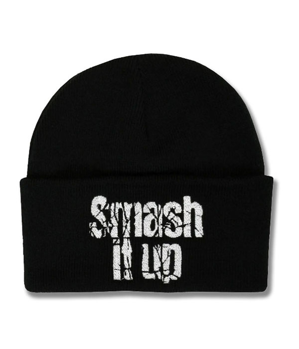 Black knitted punk rock beanie hat with wide turn-up cuff featuring distressed white Smash It Up lettering embroidered across the front.