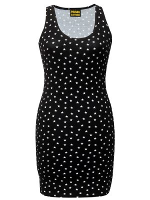 Black star print women’s mini dress, sleeveless gothic punk clothing handmade in the UK by Poison Clothing.