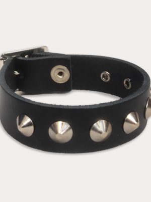 Black real leather punk wrist cuff with silver-tone cone studs, metal buckle fastening and adjustable eyelets.