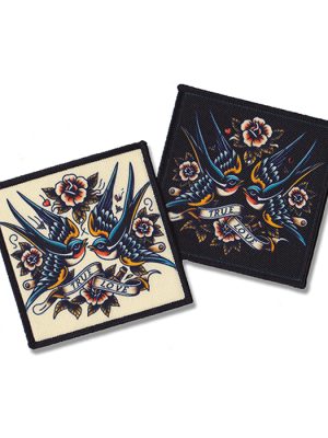 Pair of True Love Swallows sew-on patches with old-school tattoo-style birds and roses.