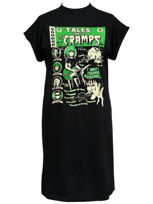 Black oversized t-shirt dress with vivid green comic-style Tales from The Cramps print by Vince Ray