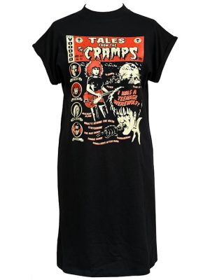 Black women’s oversized t-shirt dress with colourful Tales from The Cramps comic-style artwork by Vince Ray on the front