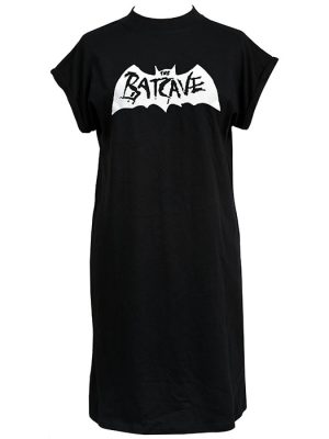 Black oversized women’s t-shirt dress with white Batcave gothic logo printed across the chest