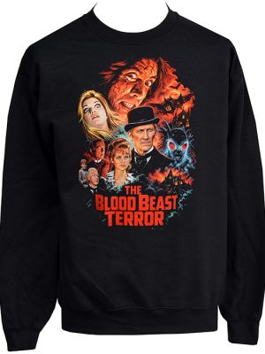 Black The Blood Beast Terror horror sweatshirt with colourful vintage poster artwork, gothic characters, moth monster and bold red title lettering.