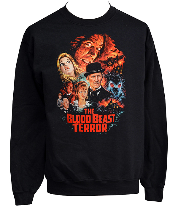 Black The Blood Beast Terror horror sweatshirt with colourful vintage poster artwork, gothic characters, moth monster and bold red title lettering.