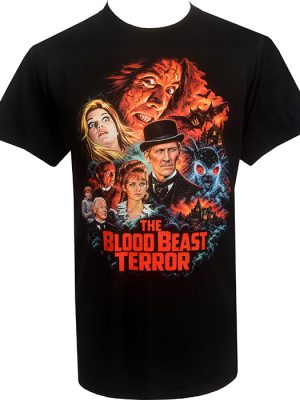 Black men’s The Blood Beast Terror T-shirt with colourful vintage horror poster artwork featuring characters, a moth creature and red title lettering.