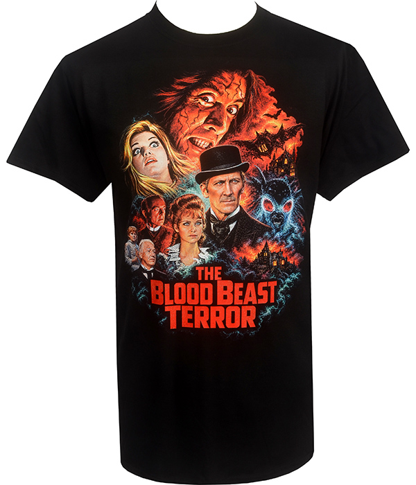 Black men’s The Blood Beast Terror T-shirt with colourful vintage horror poster artwork featuring characters, a moth creature and red title lettering.