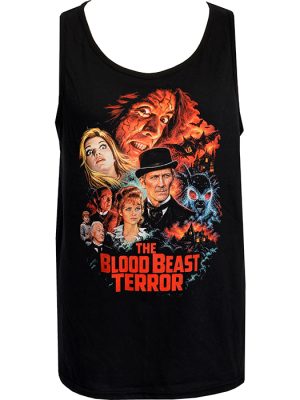 Black men’s The Blood Beast Terror tank top with colourful vintage horror poster artwork, gothic characters, moth monster and red title lettering.