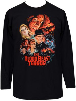 Black men’s long sleeve The Blood Beast Terror T-shirt with colourful vintage horror poster artwork, monster imagery and bold red title lettering.