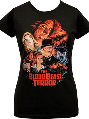 Black fitted women’s The Blood Beast Terror T-shirt with colourful vintage horror poster artwork, character portraits, moth monster and red title text.